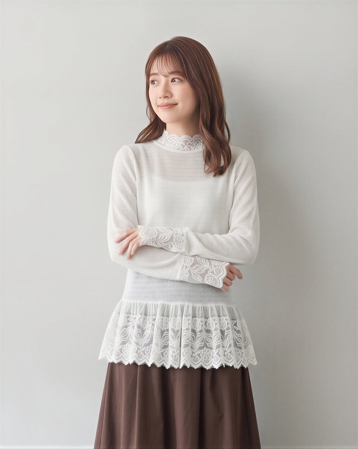 【秋新作】S~XL レース切り替え フリルネック インナー トップス