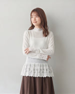 【秋新作】S~XL レース切り替え フリルネック インナー トップス