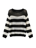 M~4XL 白黒ボーダー 透かし編み ルーズニット