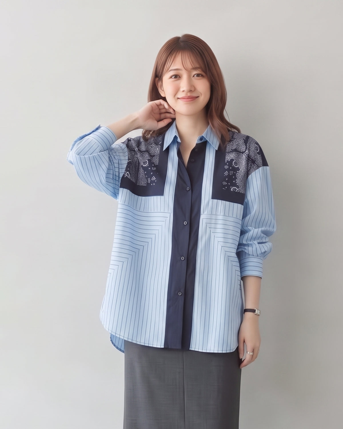 【秋新作】L~4XL 切り替えストライププリントシャツ