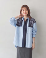 【秋新作】L~4XL 切り替えストライププリントシャツ