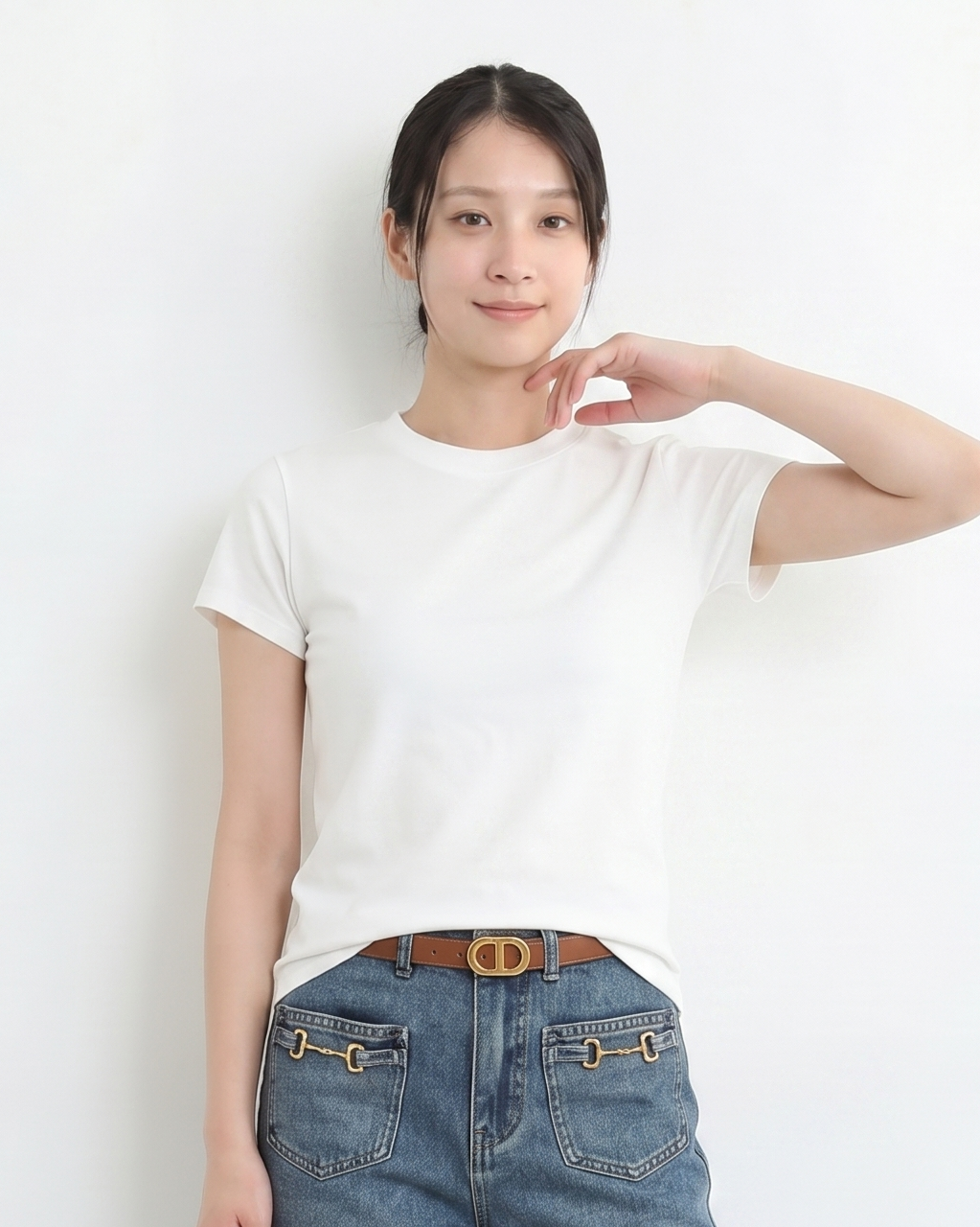 ウエストすっきり見え ラウンドネック 半袖Tシャツ