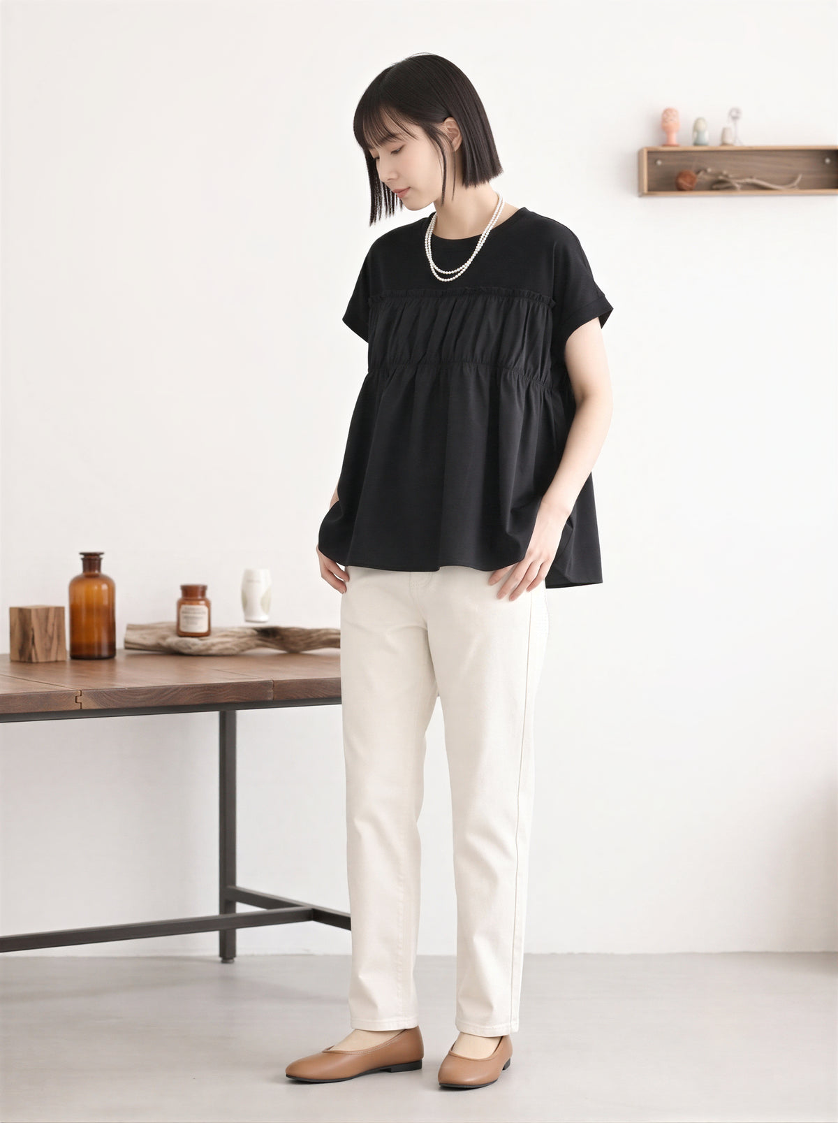 切り替えギャザー入り ゆったりTシャツ