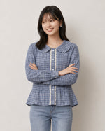 S-XL ライトブルーチェックのドールカラーウエストシェイプシャツ