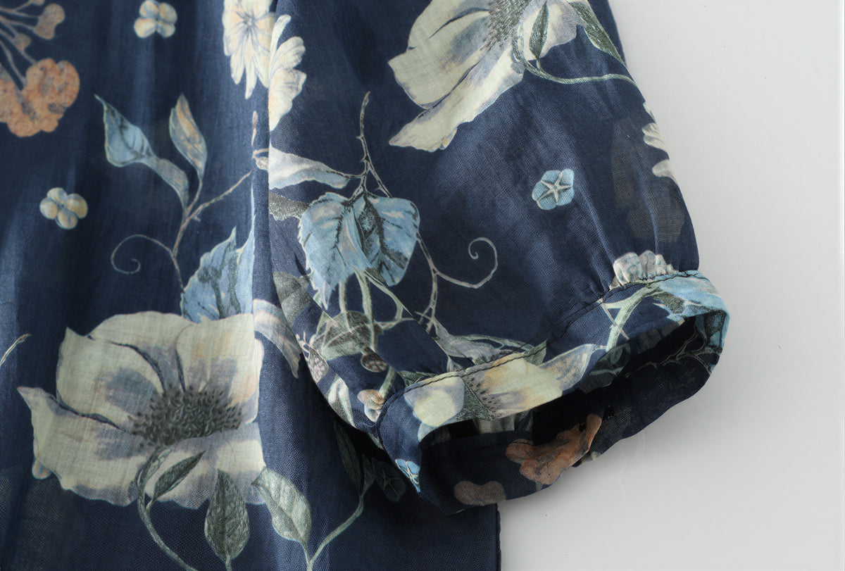 M~2XL レトロフラワープリント ブルーシャツ