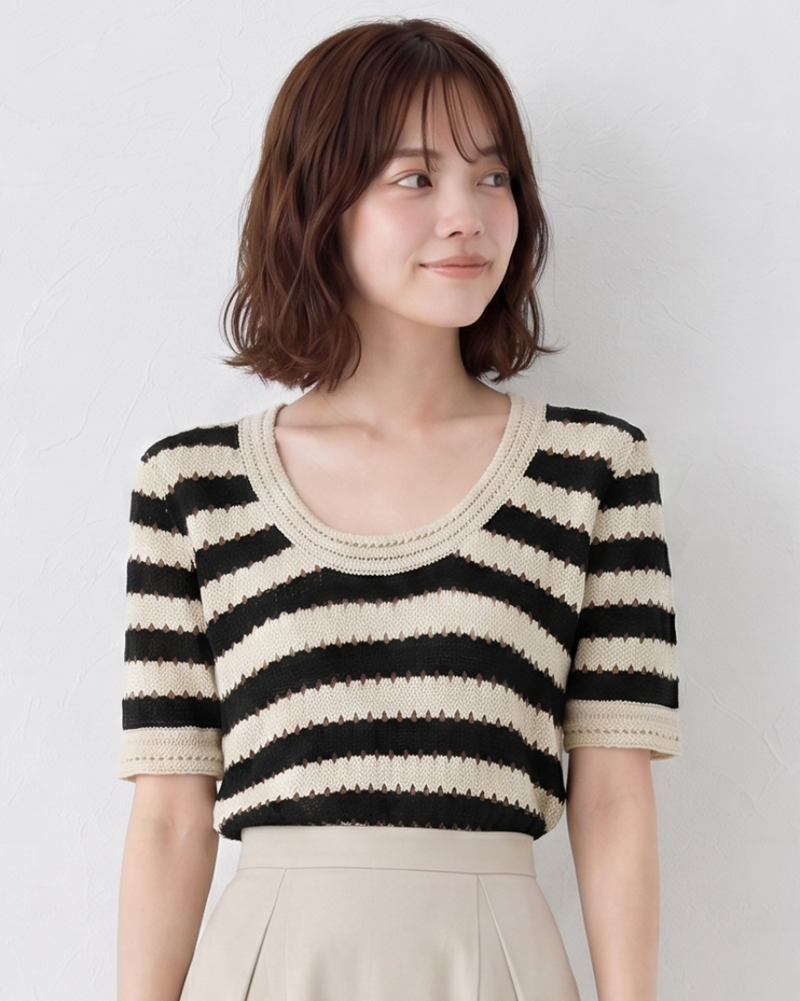 繊細でしなやか！半袖ボーダーTシャツフレンチミニニット