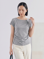 アシンメトリーネック ギャザー ボタン切替Tシャツ