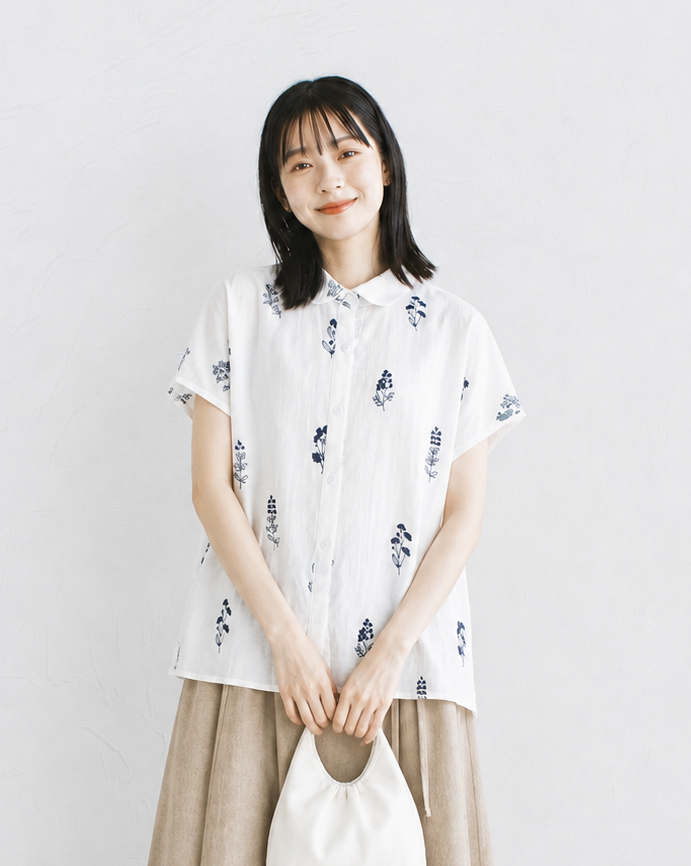 【全2色】M~3XL 小さめラウンドネック 花柄 ゆったり半袖シャツ