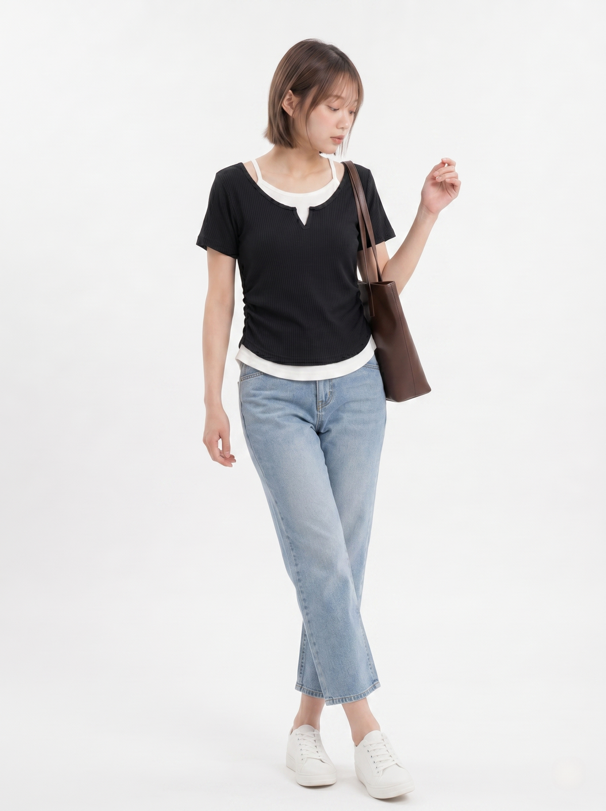 サイドギャザー切り替えネック フェイクレイヤードTシャツ