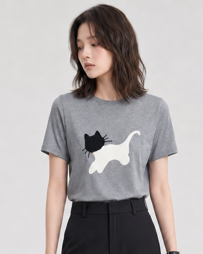 コットン素材、ネコ！子猫刺繍半袖Tシャツデザイン感ゆったりトップス
