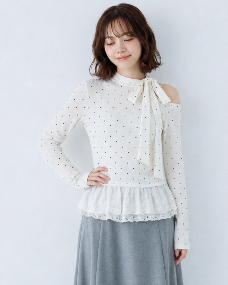 オフショルダー リボン×ドット 切り替え 長袖Tシャツ
