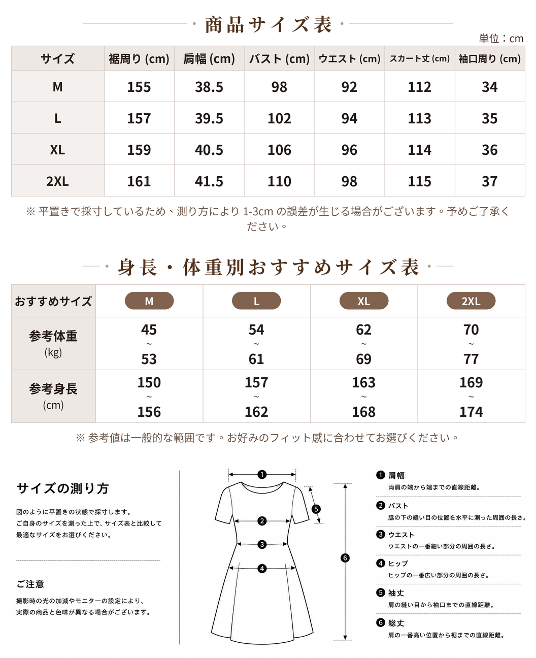 【全2色】M~2XL クルーネック 前ボタン ドロストウエスト ミモレ丈 半袖ワンピース size chart 1