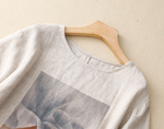 ライトベージュ ゆったりドロップショルダー クルーネック プリント半袖Tシャツ