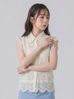 ホワイト 透かし刺繍×スカラップフリル ノースリーブシャツ