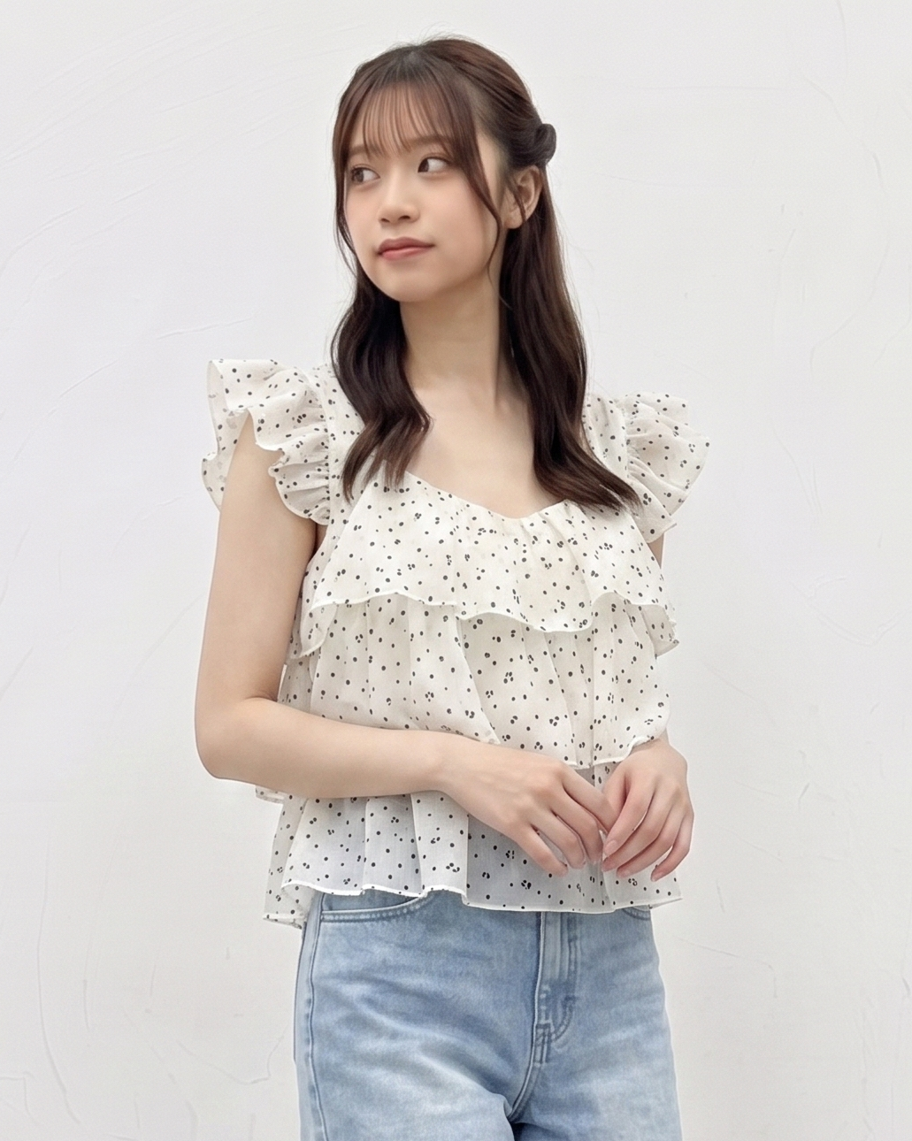ラッフルフリルスリーブ スクエアネック レイヤードシャツ