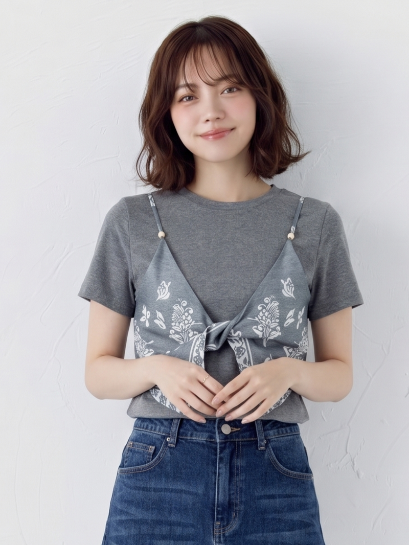 半袖Tシャツ2枚フェイクスカーフ個性的アートキルティングトップス