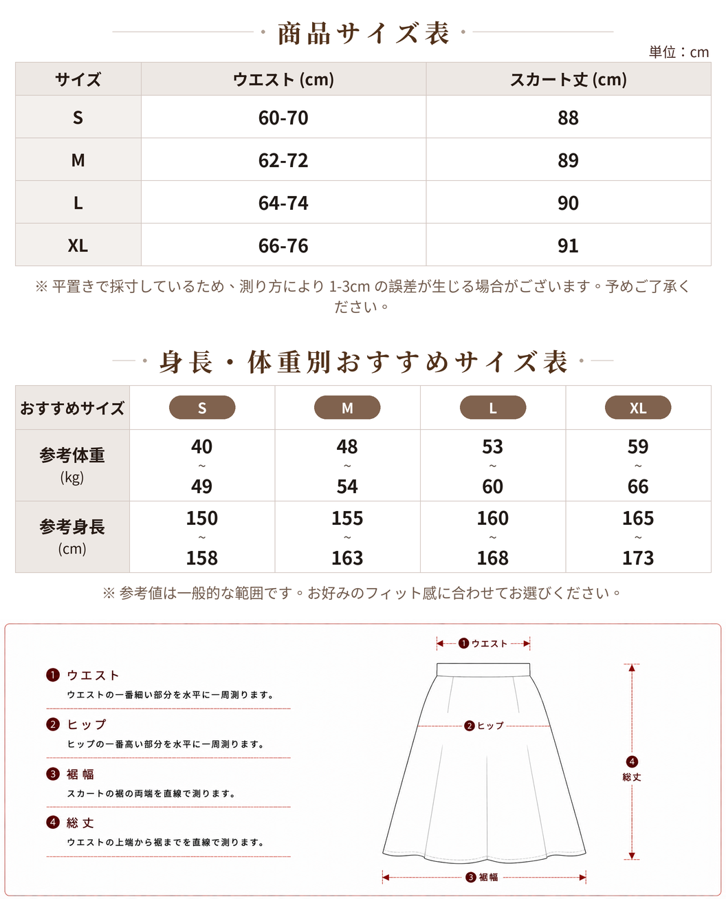 【全2色】S~XL 縦ストライプ 切替 配色パイピング Aラインフレアスカート size chart 1