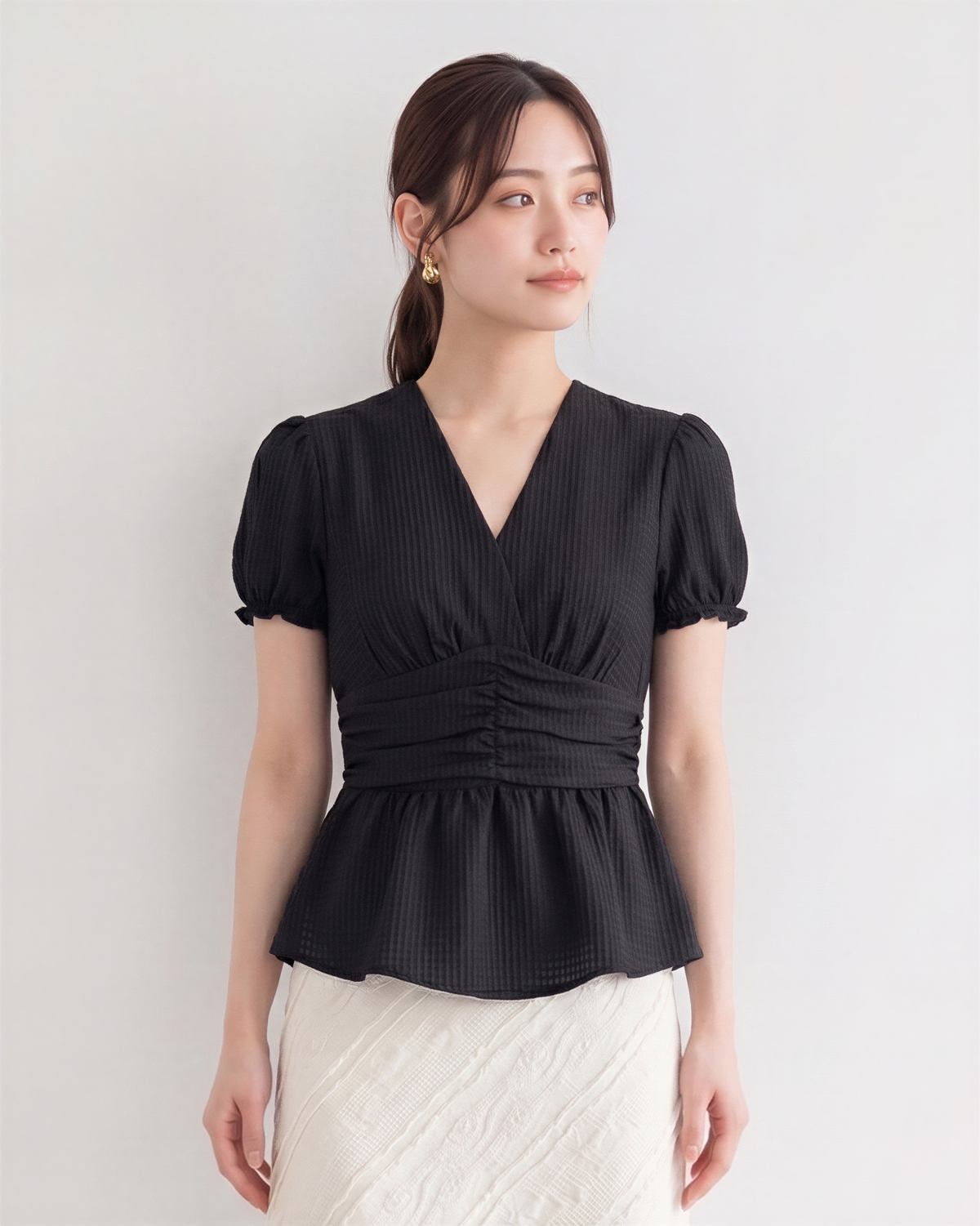 カシュクールVネック ウエストシェイプ タック入り 半袖Tシャツ