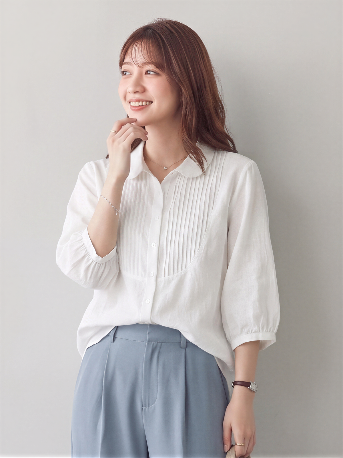 【全3色】M~2XL 七分袖ラミーシャツ｜フレンチピンタック ナチュラルレトロなゆったりコットンリネントップス