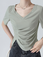Vネック アシンメトリーギャザーTシャツ