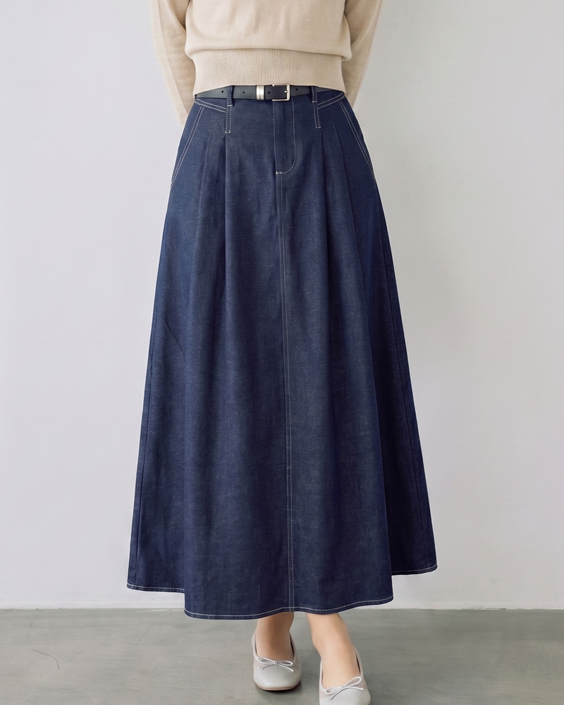ハイウエスト リボン付き フレアデニムスカート