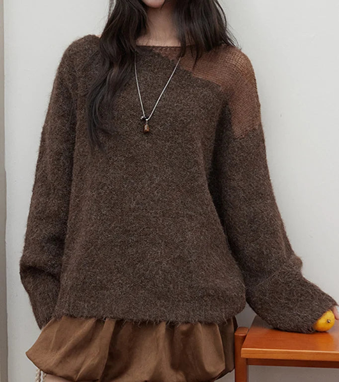 【秋新作】オフショルダー風 ルーズフィット シャギー感ニット