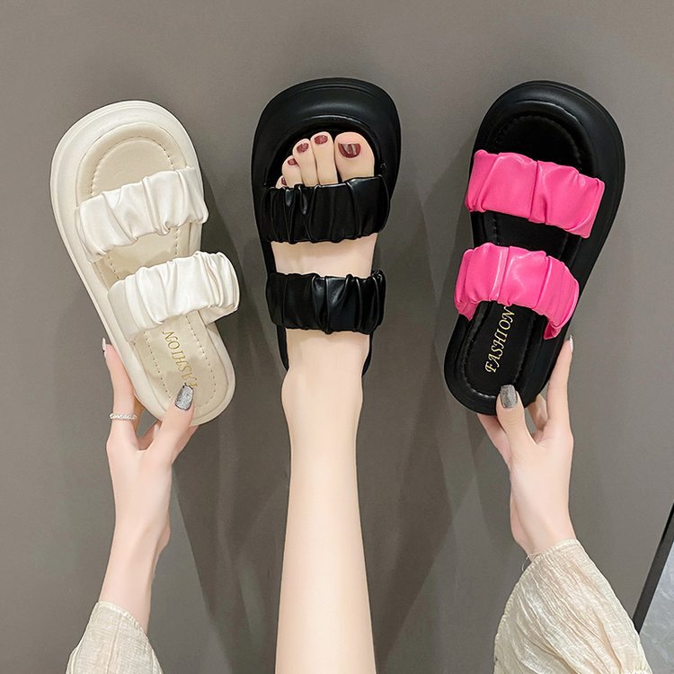 立体プリーツダブルストラップ 厚底で美脚見え レディース オープントゥスライドサンダル