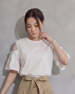 オフショルダー切替 フリルスリーブ ゆったり半袖Tシャツ