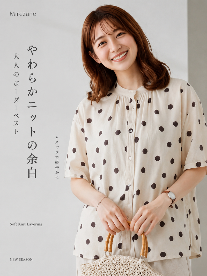 M-2XL ドット柄ルーズスタンドカラーシャツ