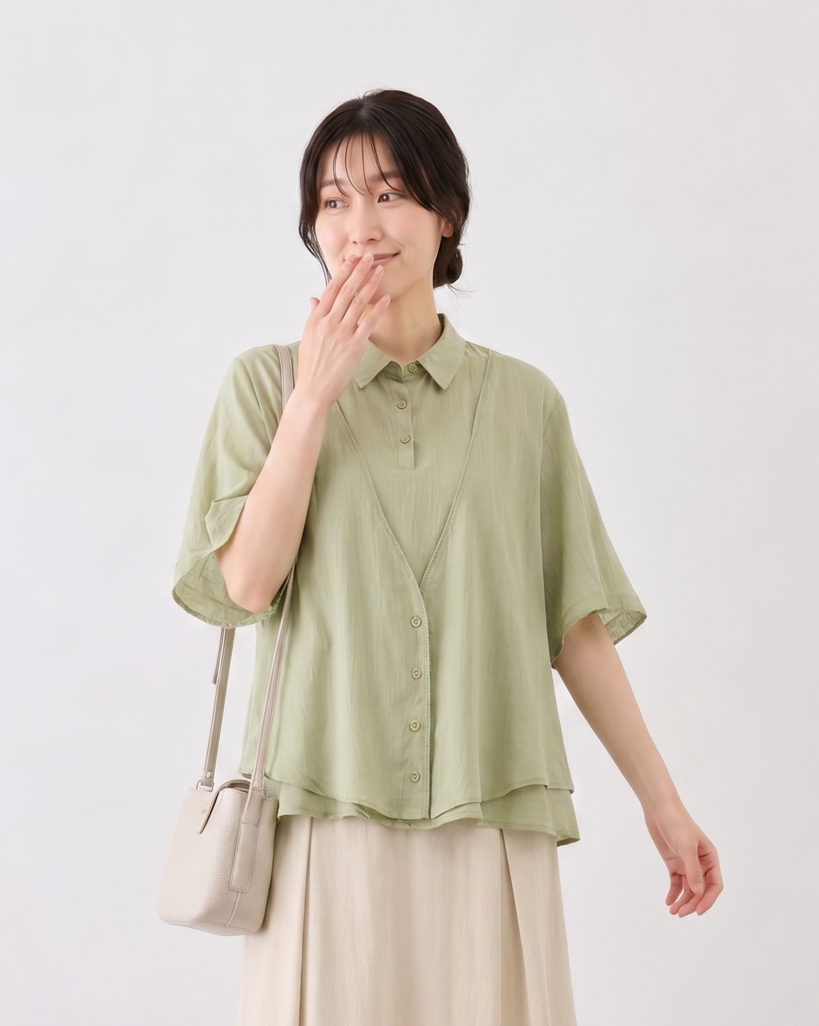 M-2XL Vネック切替ライン レイヤード風（フェイク2ピース）シャツ