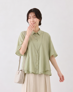 M-2XL Vネック切替ライン レイヤード風（フェイク2ピース）シャツ
