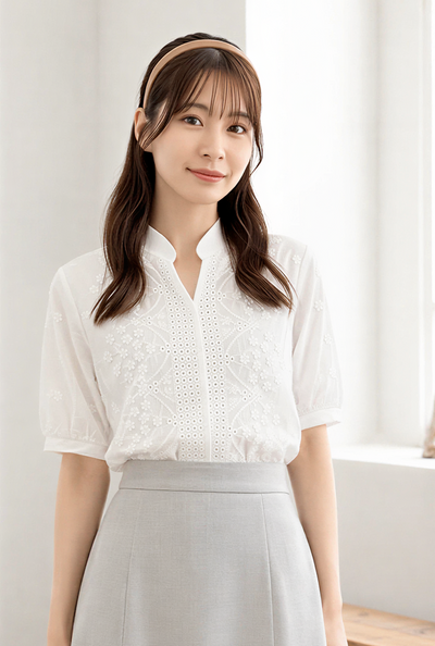 スタンドカラー Vネック前開き 刺繍カットワーク パフスリーブシャツ