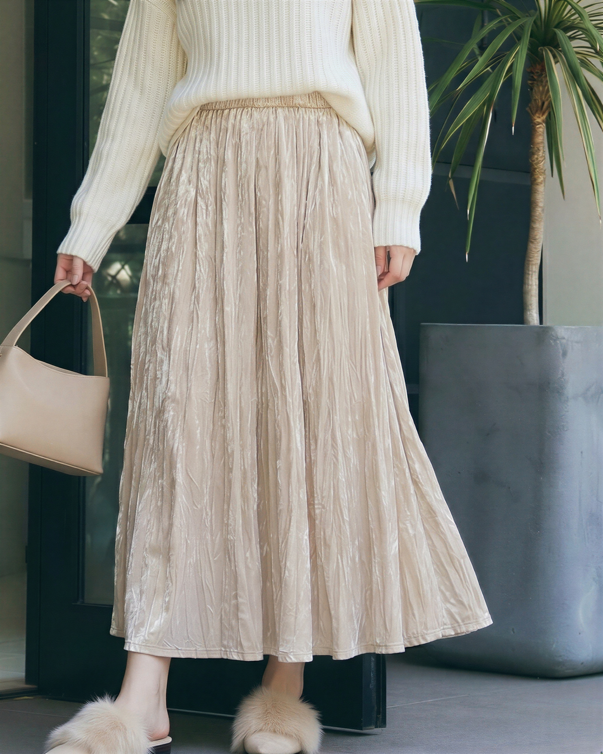 パール調プリーツ Aライン ロング丈 プリーツスカート