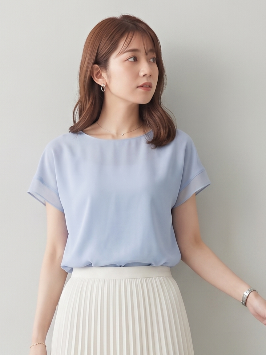 ライトブルー クルーネック 切替 半袖 シフォンブラウス
