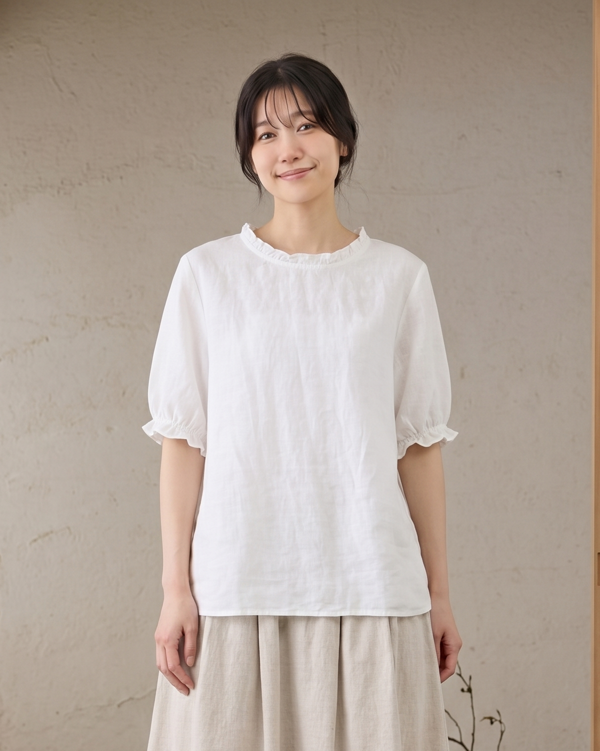 メローフリル襟 ラウンドネック ゆったりTシャツ