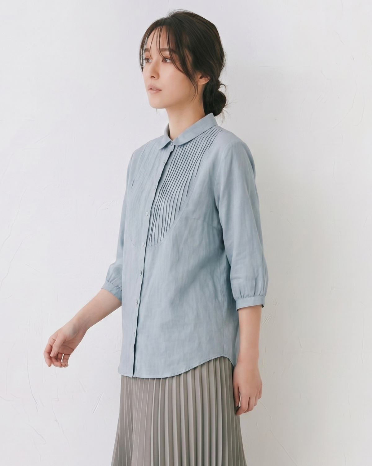 七分袖ラミー麻シャツフランス琴プリーツ文芸レトロゆったり綿麻トップス