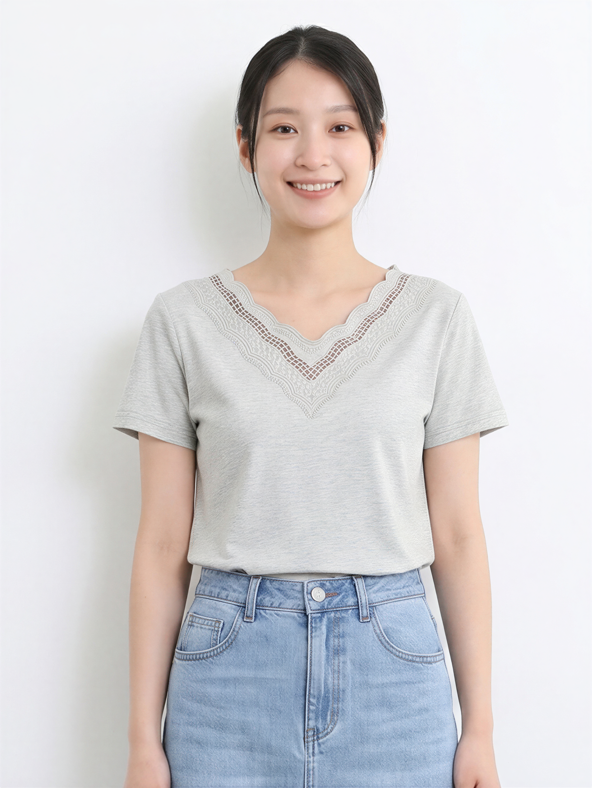 カットワークレースVネック 半袖ストレートTシャツ