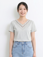 カットワークレースVネック 半袖ストレートTシャツ