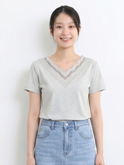 カットワークレースVネック 半袖ストレートTシャツ