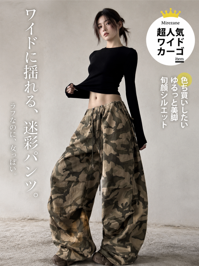カモフラ柄 ドローストリング ワイドレッグ カーゴパンツ