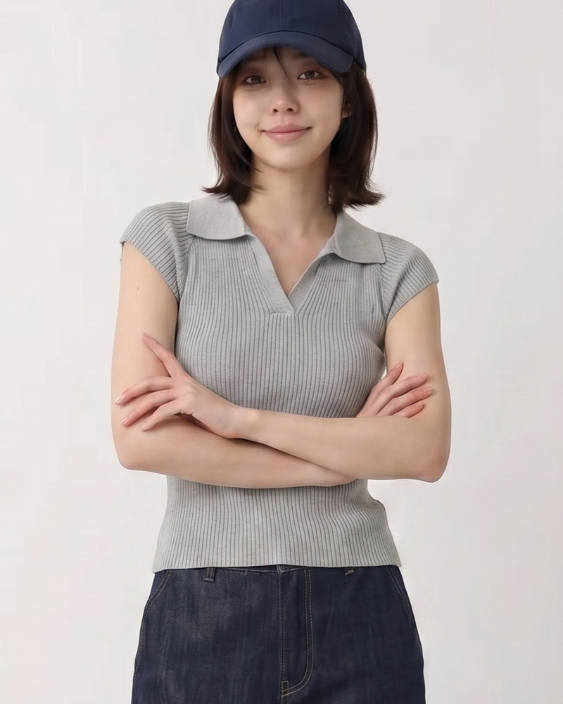 Vネック前開き すっきり細見え リブ編み ポロ襟 半袖ニット