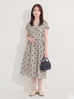 シルバーグレー カシュクールVネック ウエストマーク ドットワンピース