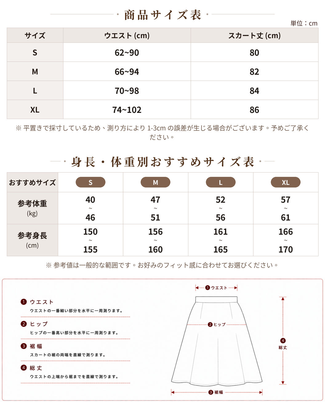 S~XL ホワイト 小花柄 ティアード ハイウエスト Aライン ロングスカート size chart 1
