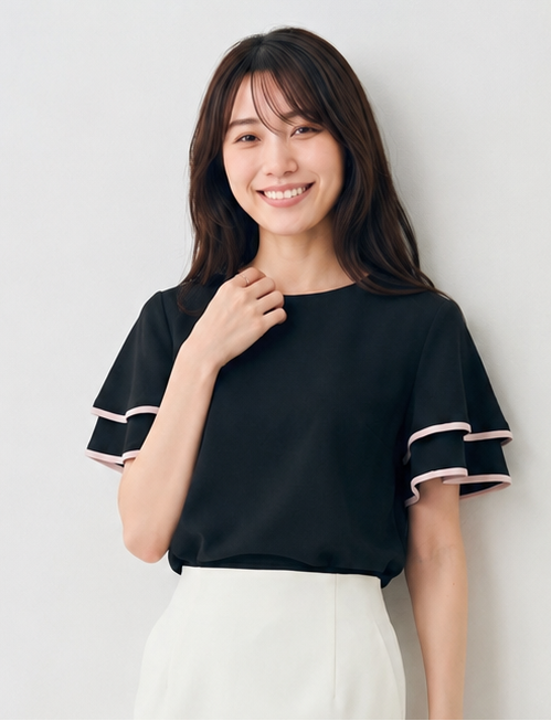 フリルフレアスリーブ 配色パイピングTシャツ