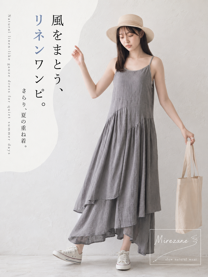 華奢ストラップ アシンメトリー切替 レイヤードヘム ノースリーブキャミワンピース