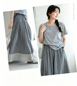 【全2色】S~XL 縦ストライプ 切替 配色パイピング Aラインフレアスカート