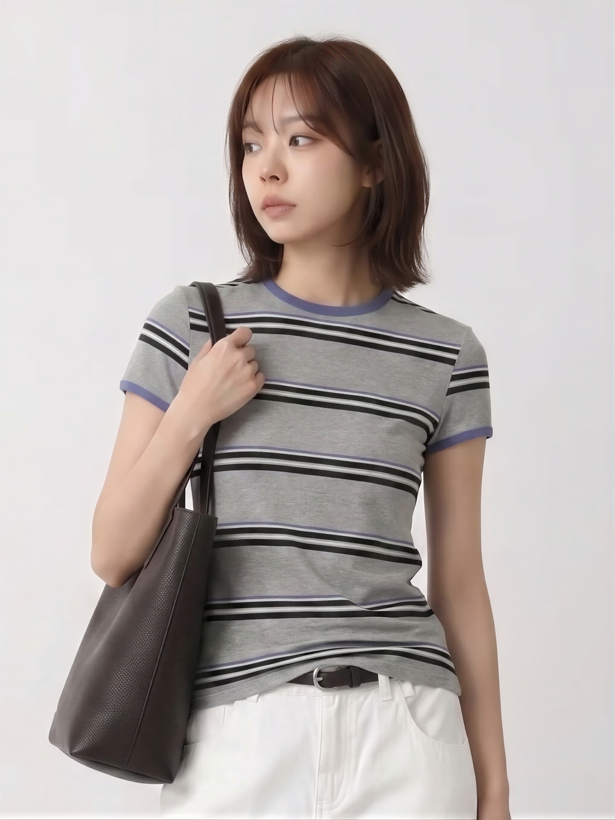 ライトグレー ストライプ 配色パイピング スリムフィット 半袖Tシャツ