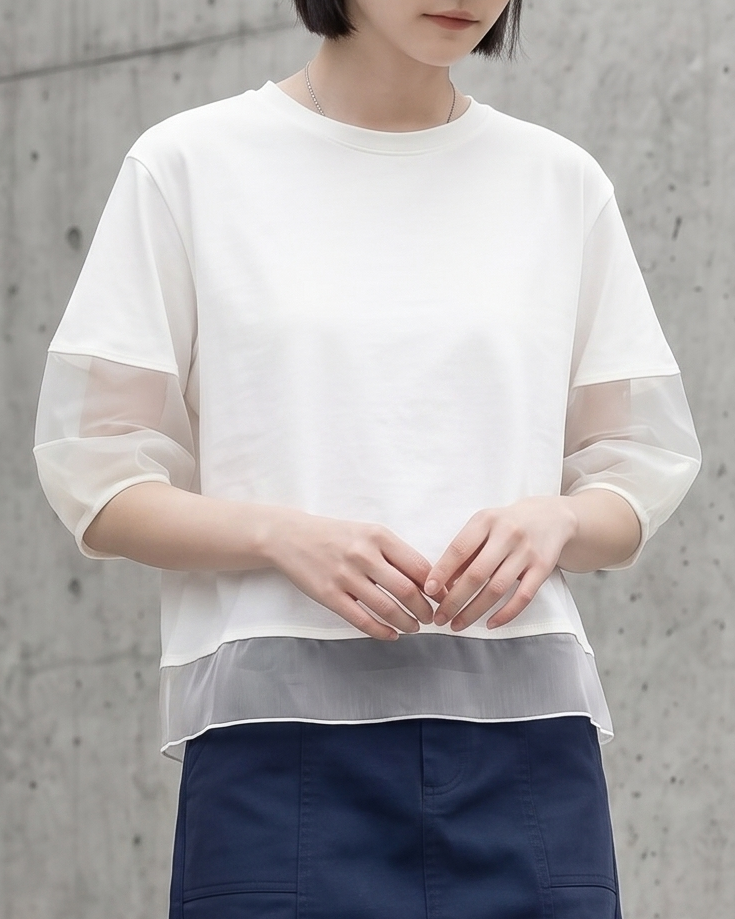 オーガンジー切り替えパフスリーブTシャツ