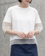 オーガンジー切り替えパフスリーブTシャツ