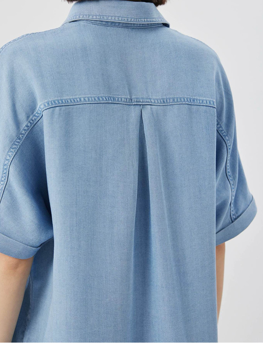 M~2XL ブルー ルーズフィット オープンカラー ダブルポケットシャツ
